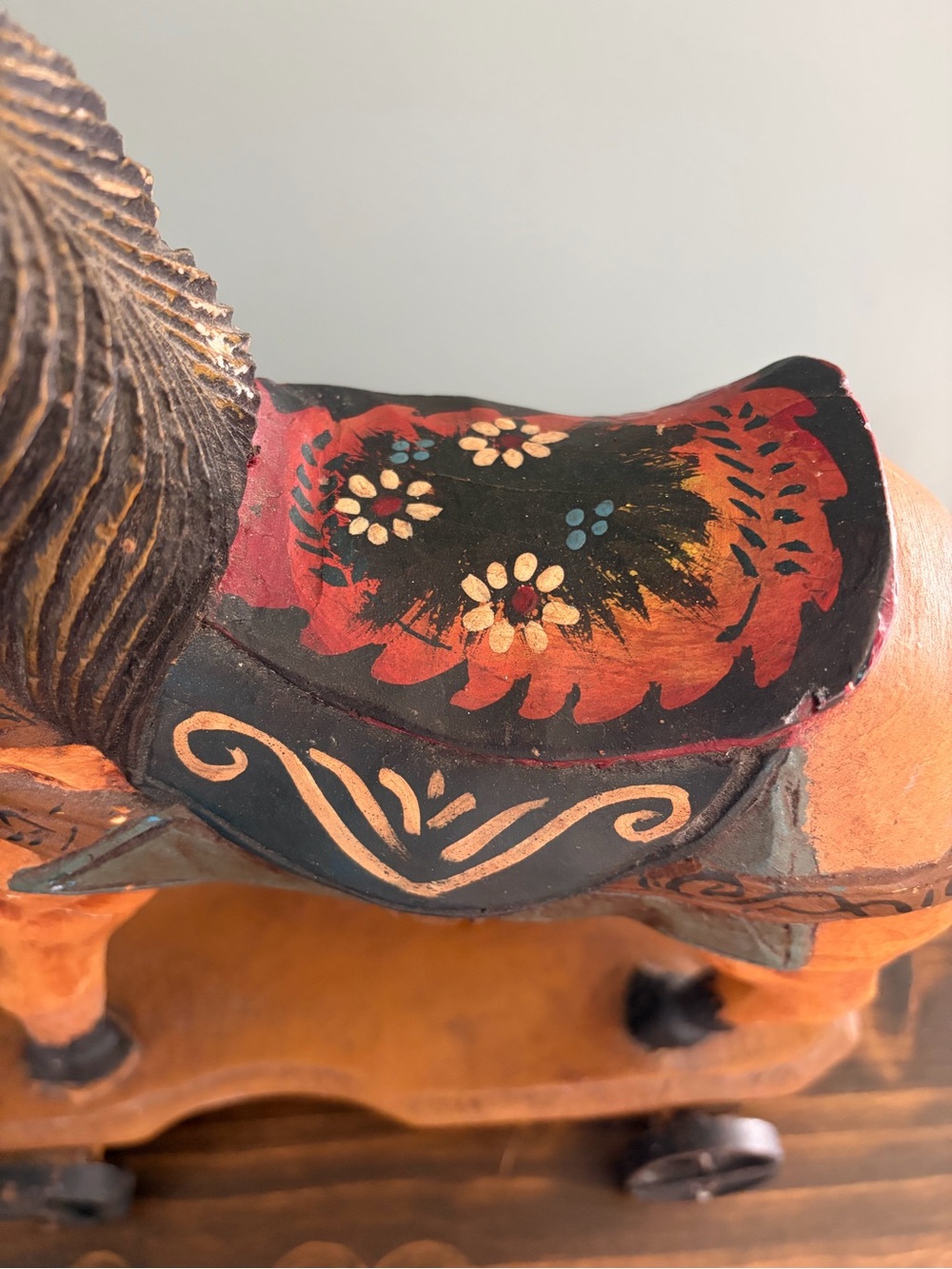 Vintage Hand Carved & Hand-Painted Wooden Carousel Horse on Wheels Wooden Toy - Picture 5 of 14
